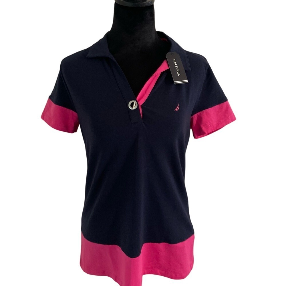 Nautica‎ Womens Navy Blue Pink Colorblock Polo Shirt Preppy Slimming Med NEW